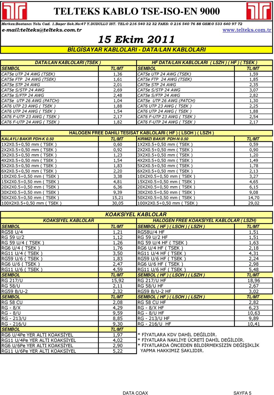 S/FTP 24 AWG 2,82 CAT5e UTP 26 AWG (PATCH) 1,04 CAT5e UTP 26 AWG (PATCH) 1,30 CAT6 UTP 23 AWG ( TSEK ) 1,88 CAT6 UTP 23 AWG ( TSEK ) 2,25 CAT6 UTP 24 AWG ( TSEK ) 1,54 CAT6 UTP 24 AWG ( TSEK ) 1,88