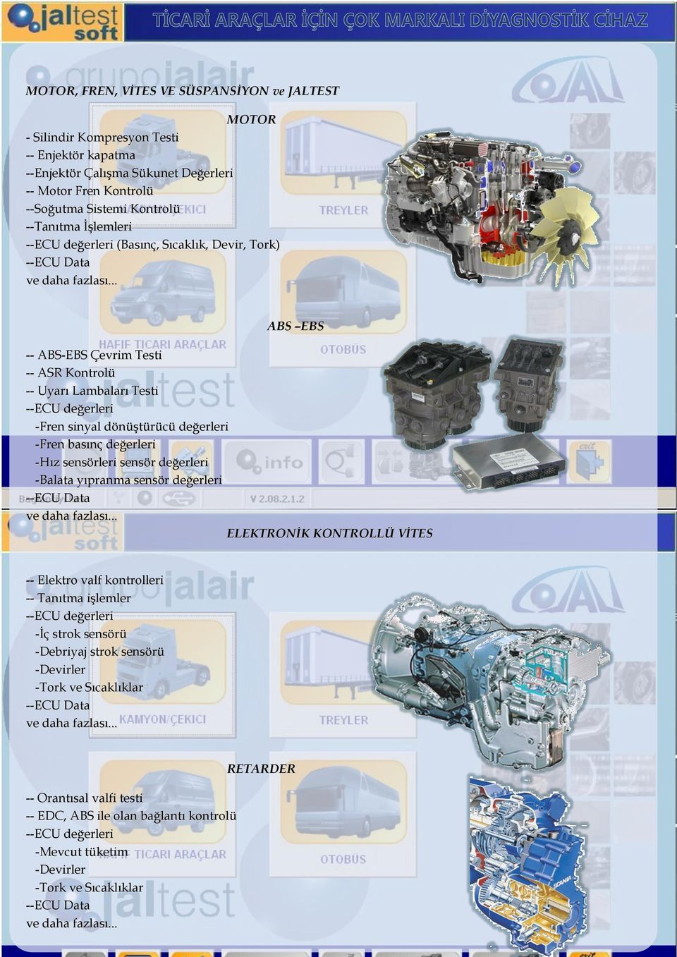 -Fren basınç değerleri -Hız sensörleri sensör değerleri -Balata yıpranma sensör değerleri ELEKTRONİK KONTROLLÜ VİTES -- Elektro valf kontrolleri -- Tanıtma işlemler --ECU değerleri -İç strok