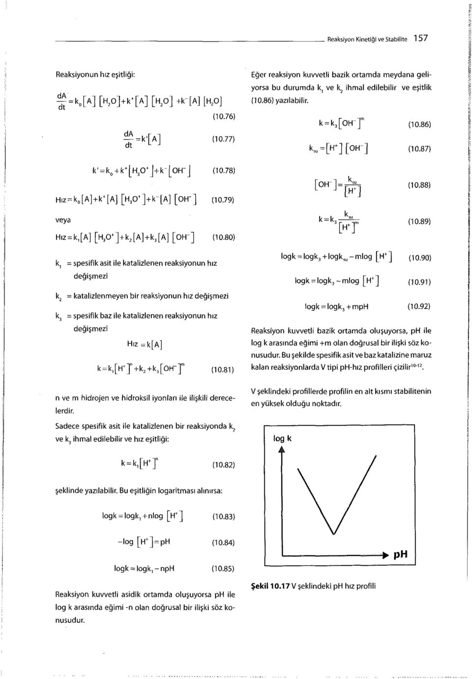 k = k 3 [OH"] m k su =[H+][OH-] [OH"]= " [H + ] (10.86) (10.87) (10.88) veya Hız = k,[a] [H 3 0 + ]+k 2 [A]+k 3 [A] [OH"] (10.80) k = k a [H-I (10.