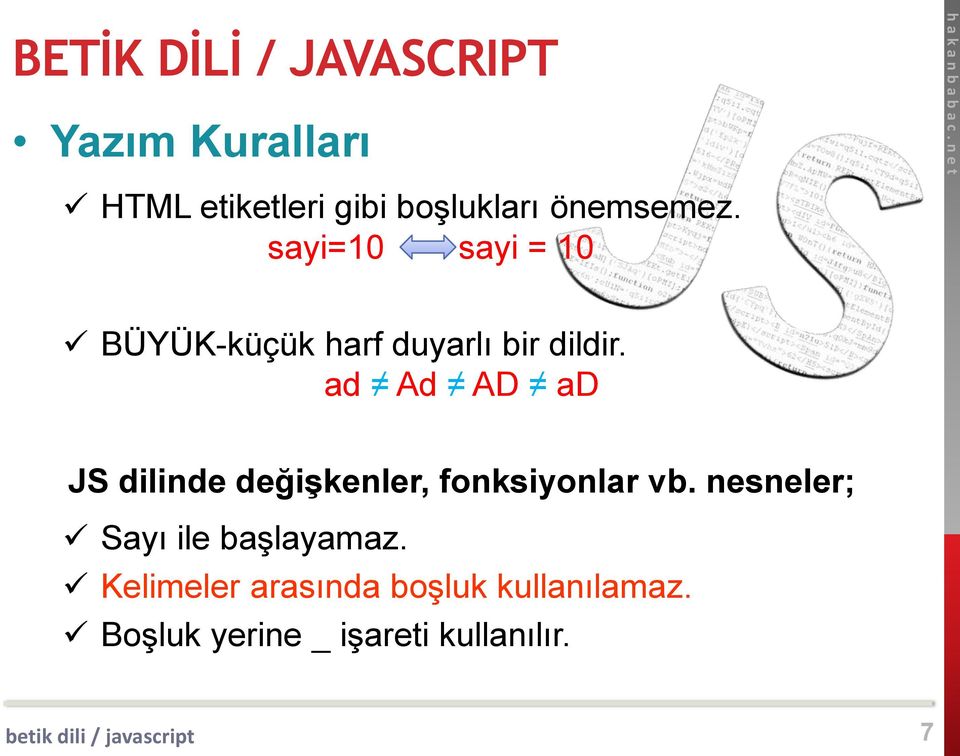 ad Ad AD ad JS dilinde değişkenler, fonksiyonlar vb.