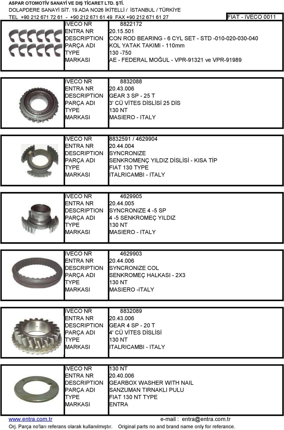 006 GEAR 3 SP - 25 T 3' CÜ VİTES DİSLİSİ 25 DİS 130 NT MASIERO - ITALY 8832591 / 4629904 20.44.