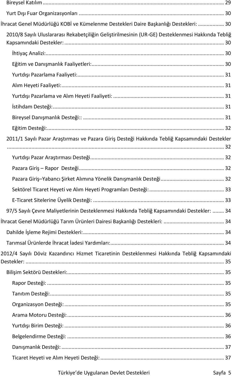 .. 30 Yurtdışı Pazarlama Faaliyeti:... 31 Alım Heyeti Faaliyeti:... 31 Yurtdışı Pazarlama ve Alım Heyeti Faaliyeti:... 31 İstihdam Desteği:... 31 Bireysel Danışmanlık Desteği::... 31 Eğitim Desteği:.