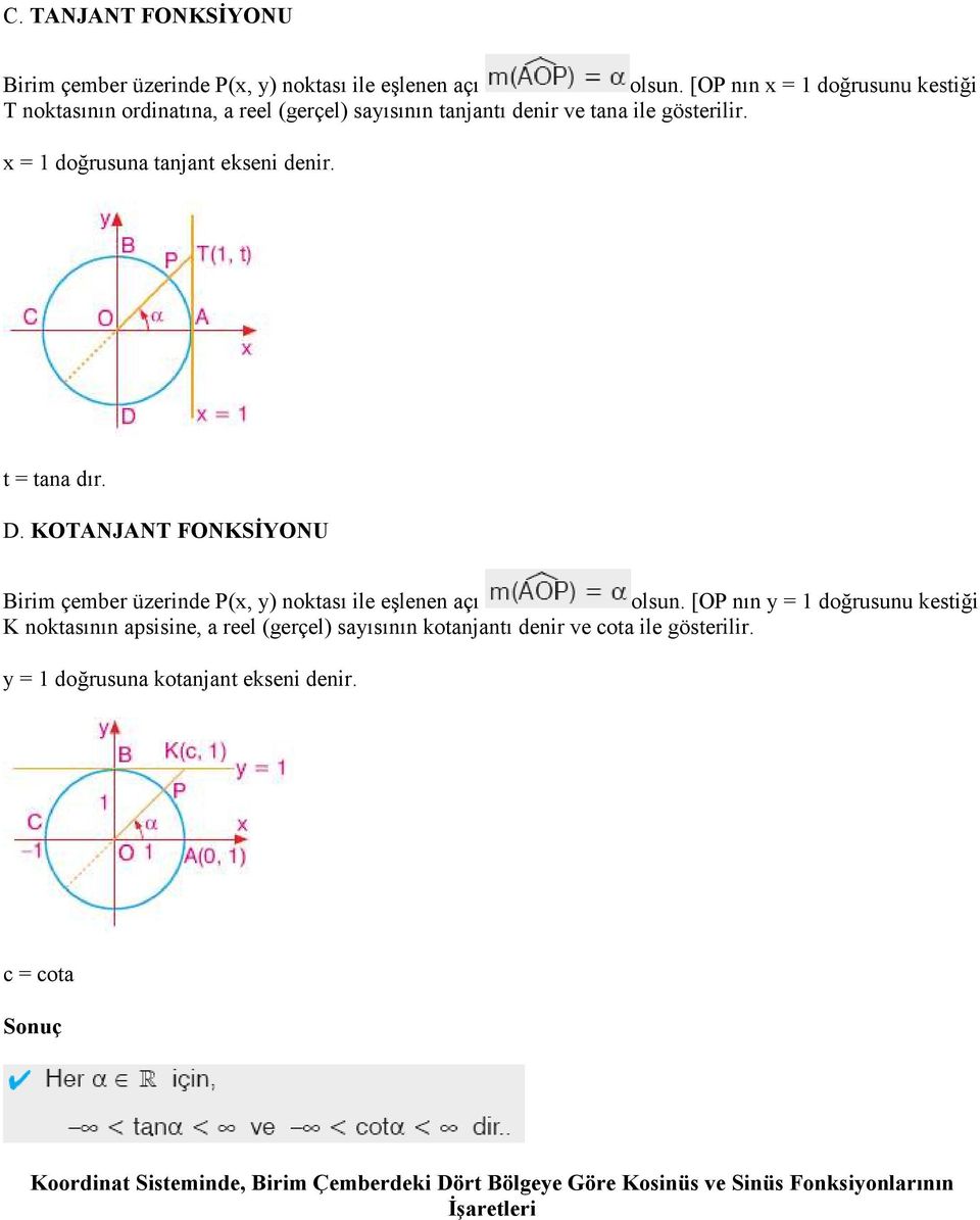 x = 1 doğrusuna tanjant ekseni denir. t = tana dır. D. KOTANJANT FONKSĐYONU Birim çember üzerinde P(x, y) noktası ile eşlenen açı olsun.