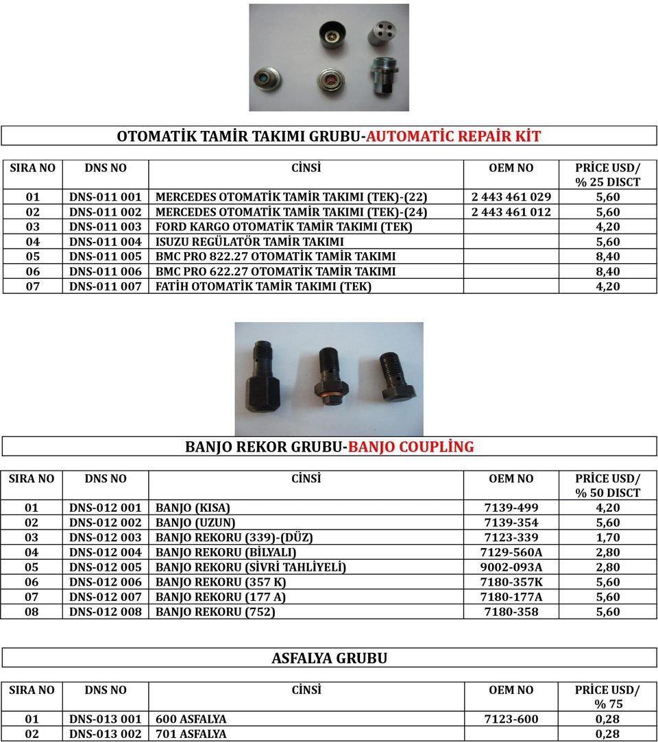 27 OTOMATİK TAMİR TAKIMI FATİH OTOMATİK TAMİR TAKIMI (TEK) 2 443 461 9 2 443 461 2 PRİCE USD/ % DISCT BANJO REKOR GRUBU-BANJO COUPLİNG DNS-2 0 DNS-2 0 DNS-2 0 DNS-2 0 DNS-2 0 DNS-2 0 DNS-2 0 DNS-2 0