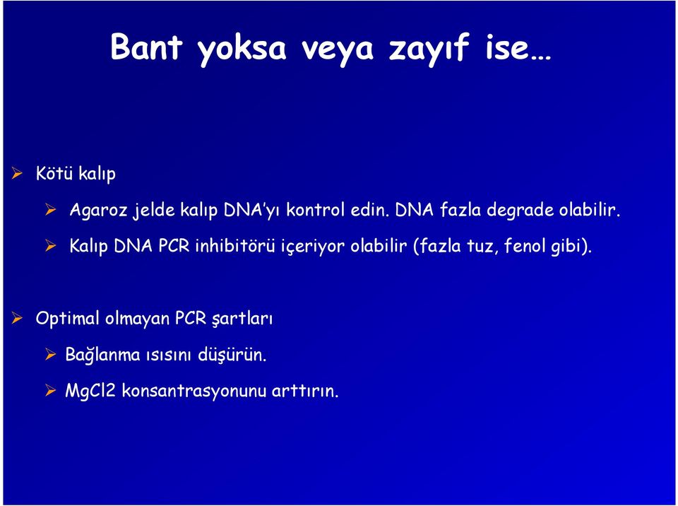 Kalıp DNA PCR inhibitörü içeriyor olabilir (fazla tuz, fenol