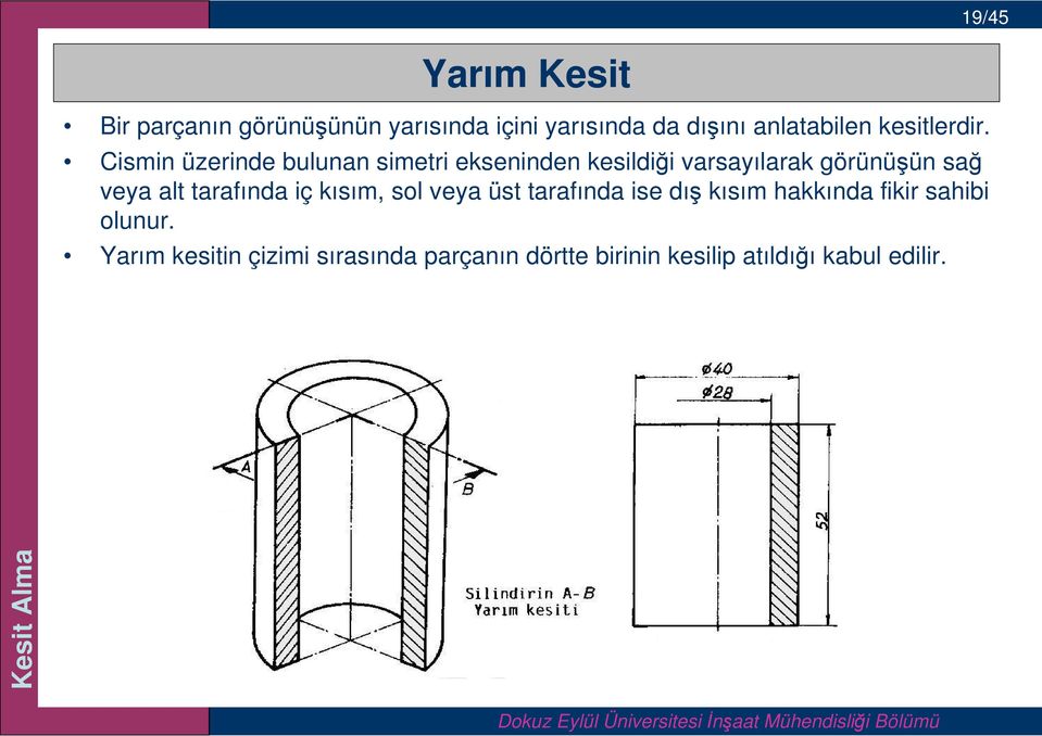 Cismin üzerinde bulunan simetri ekseninden kesildiği varsayılarak görünüşün sağ veya alt