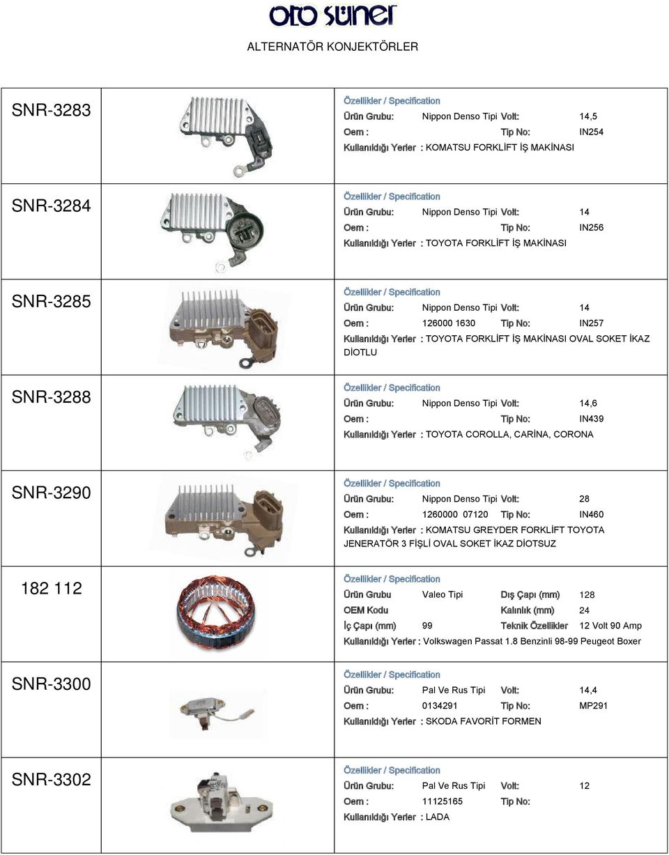 14,6 IN439 Kullanıldığı Yerler : TOYOTA COROLLA, CARİNA, CORONA SNR-3290 Ürün Grubu: Nippon Denso Tipi Volt: 28 1260000 07120 IN460 Kullanıldığı Yerler : KOMATSU GREYDER FORKLİFT TOYOTA JENERATÖR 3