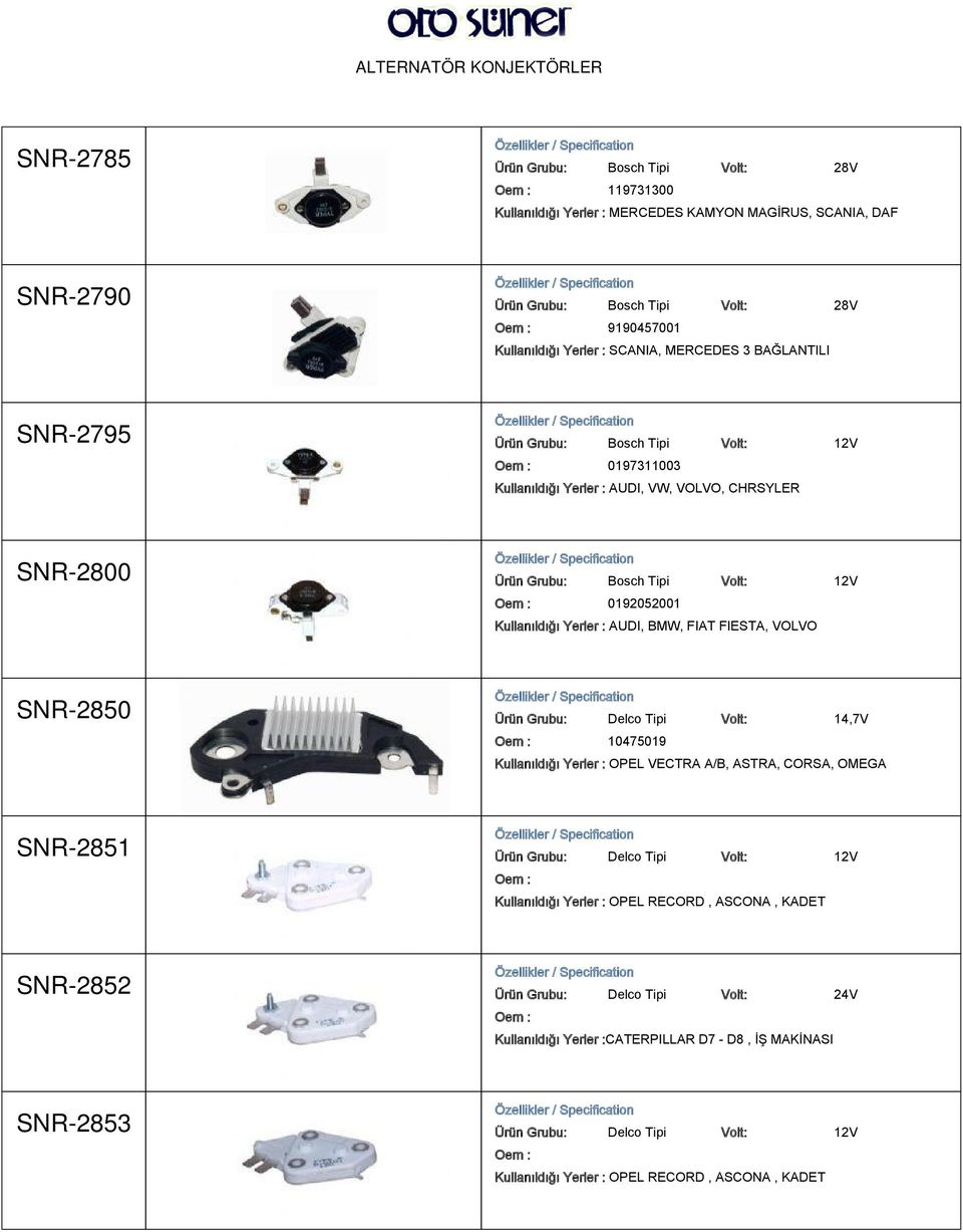 AUDI, BMW, FIAT FIESTA, VOLVO SNR-2850 Ürün Grubu: Delco Tipi Volt: 14,7V 10475019 Kullanıldığı Yerler : OPEL VECTRA A/B, ASTRA, CORSA, OMEGA SNR-2851 Ürün Grubu: Delco Tipi Volt: 12V Kullanıldığı