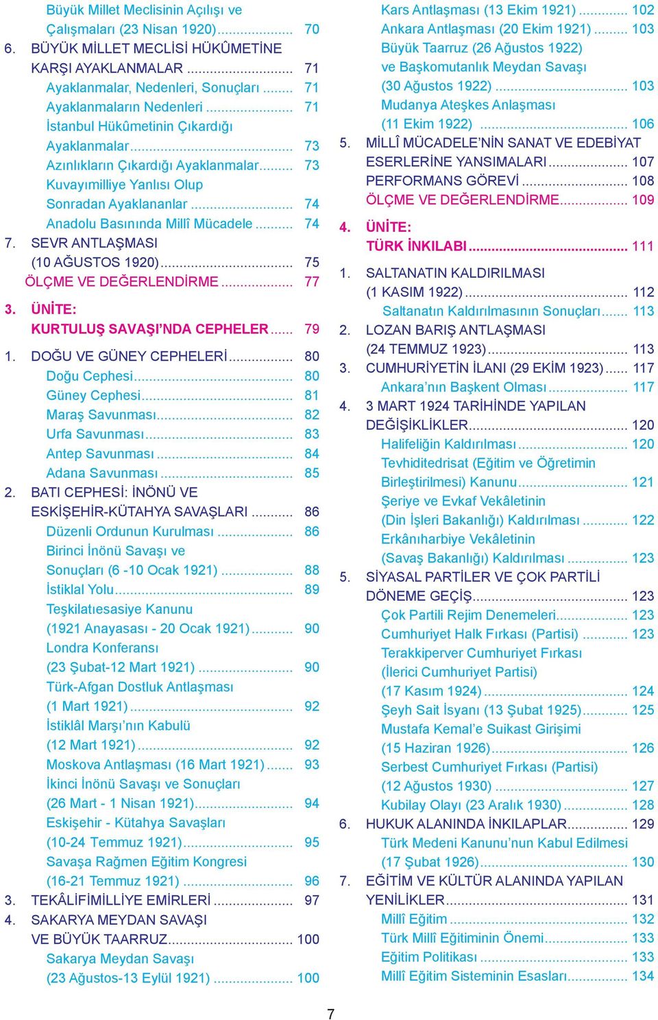 SEVR ANTLAŞMASI (10 AĞUSTOS 1920)... 75 ÖLÇME VE DEĞERLENDİRME... 77 3. ÜNİTE: KURTULUŞ SAVAŞI NDA CEPHELER... 79 1. DOĞU VE GÜNEY CEPHELERİ... 80 Doğu Cephesi... 80 Güney Cephesi... 81 Maraş Savunması.