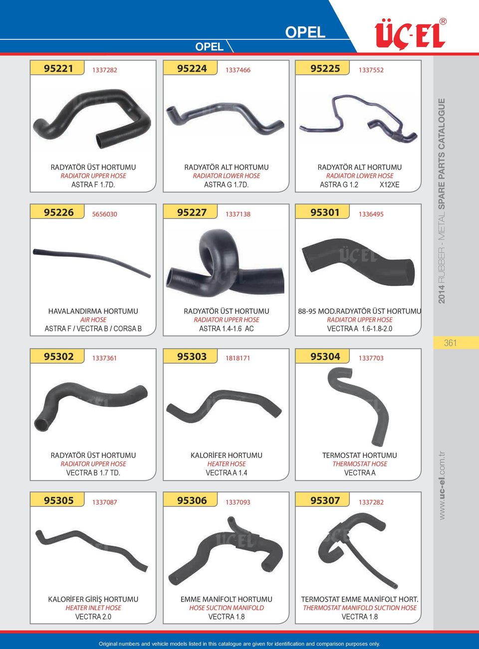 0 1337703 TERMOSTAT HORTUMU THERMOSTAT HOSE VECTRA A 1337282 www.uc-el.com.tr 2014 RUBBER - METAL SPARE PARTS CATALOGUE 361 KALORİFER GİRİŞ HORTUMU HEATER INLET HOSE VECTRA 2.