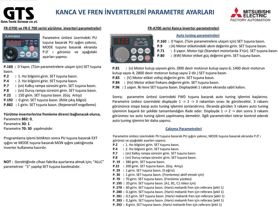 SET tuşuna basın. P.8 : (sn) Duruş rampa süresini girin. SET tuşuna basın. P.22 : 150 girin. SET tuşuna basın. (Güç Artışı) P.192 : 0 girin. SET tuşuna basın. (Röle çıkış bilgisi) P.882 : 1 girin.