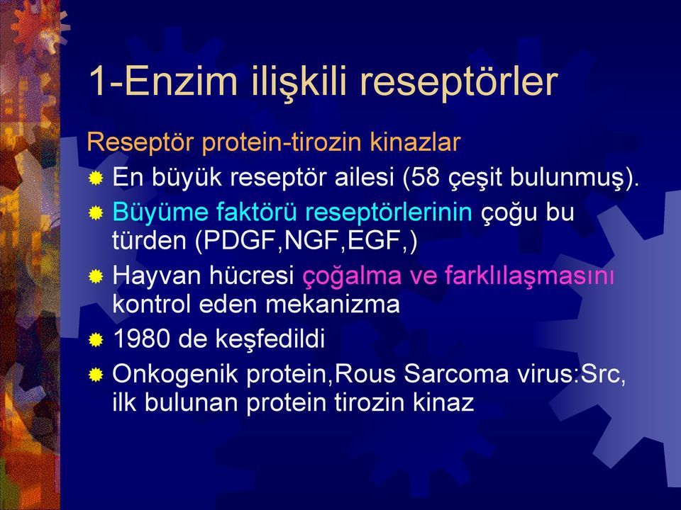 Büyüme faktörü reseptörlerinin çoğu bu türden (PDGF,NGF,EGF,) Hayvan hücresi