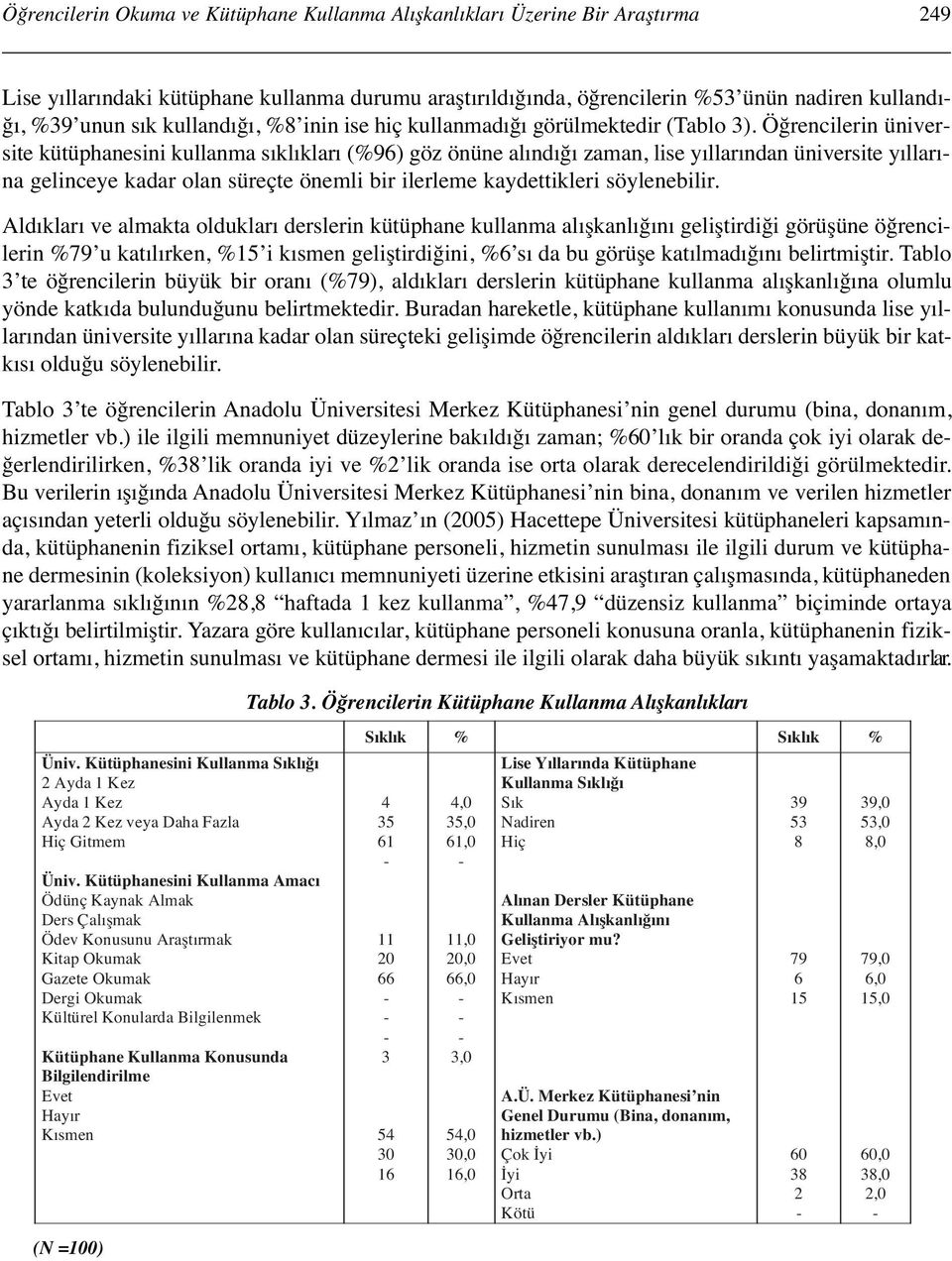 Öğrencilerin üniversite kütüphanesini kullanma sıklıkları (%96) göz önüne alındığı zaman, lise yıllarından üniversite yıllarına gelinceye kadar olan süreçte önemli bir ilerleme kaydettikleri