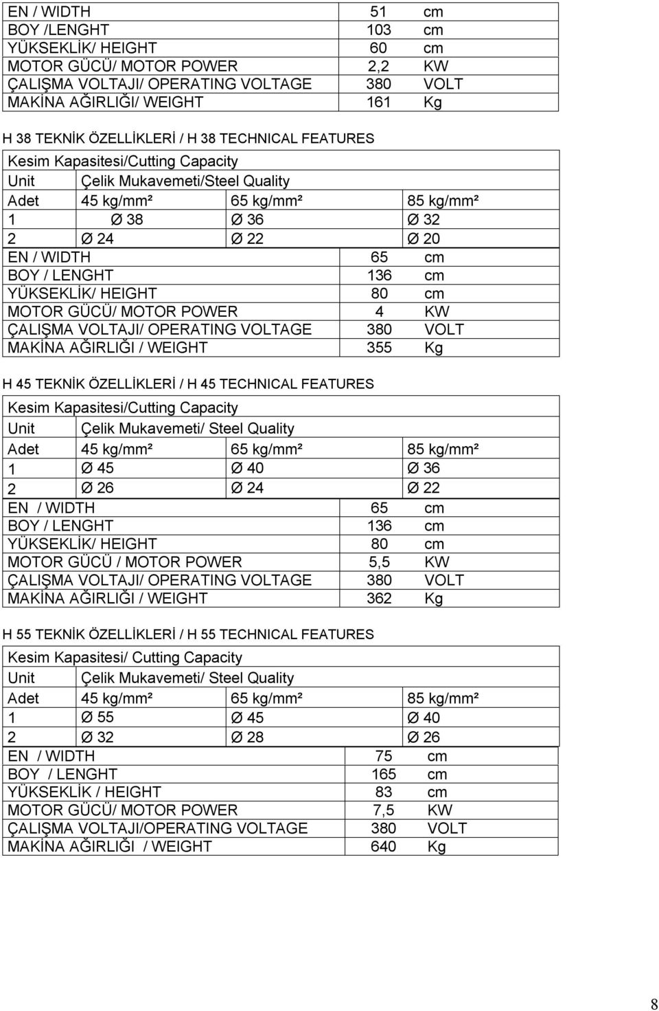 Ø 26 Ø 24 Ø 22 EN / WIDTH 65 cm BOY / LENGHT 136 cm YÜKSEKLİK/ HEIGHT 80 cm MOTOR GÜCÜ / MOTOR POWER 5,5 KW MAKİNA AĞIRLIĞI / WEIGHT 362 Kg H 55 TEKNİK ÖZELLİKLERİ / H 55 TECHNICAL FEATURES Kesim