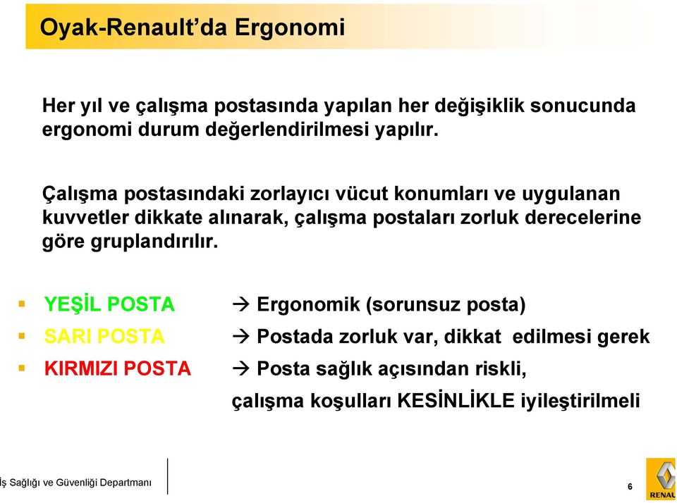 Çalışma postasındaki zorlayıcı vücut konumları ve uygulanan kuvvetler dikkate alınarak, çalışma postaları zorluk