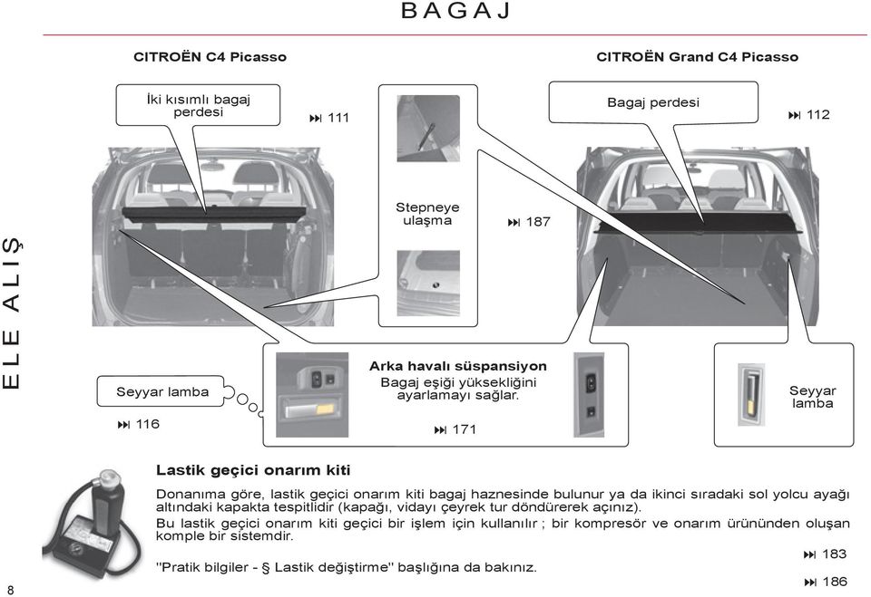 Seyyar lamba 116 171 8 Lastik geçici onarım kiti Donanıma göre, lastik geçici onarım kiti bagaj haznesinde bulunur ya da ikinci sıradaki sol yolcu ayağı