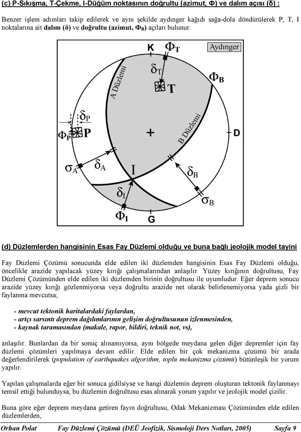 (d) Düzlemlerden hangisinin Esas Fay Düzlemi olduğu ve buna bağlı jeolojik model tayini Fay Düzlemi Çözümü sonucunda elde edn iki düzlemden hangisinin Esas Fay Düzlemi olduğu, öncelikle arazide