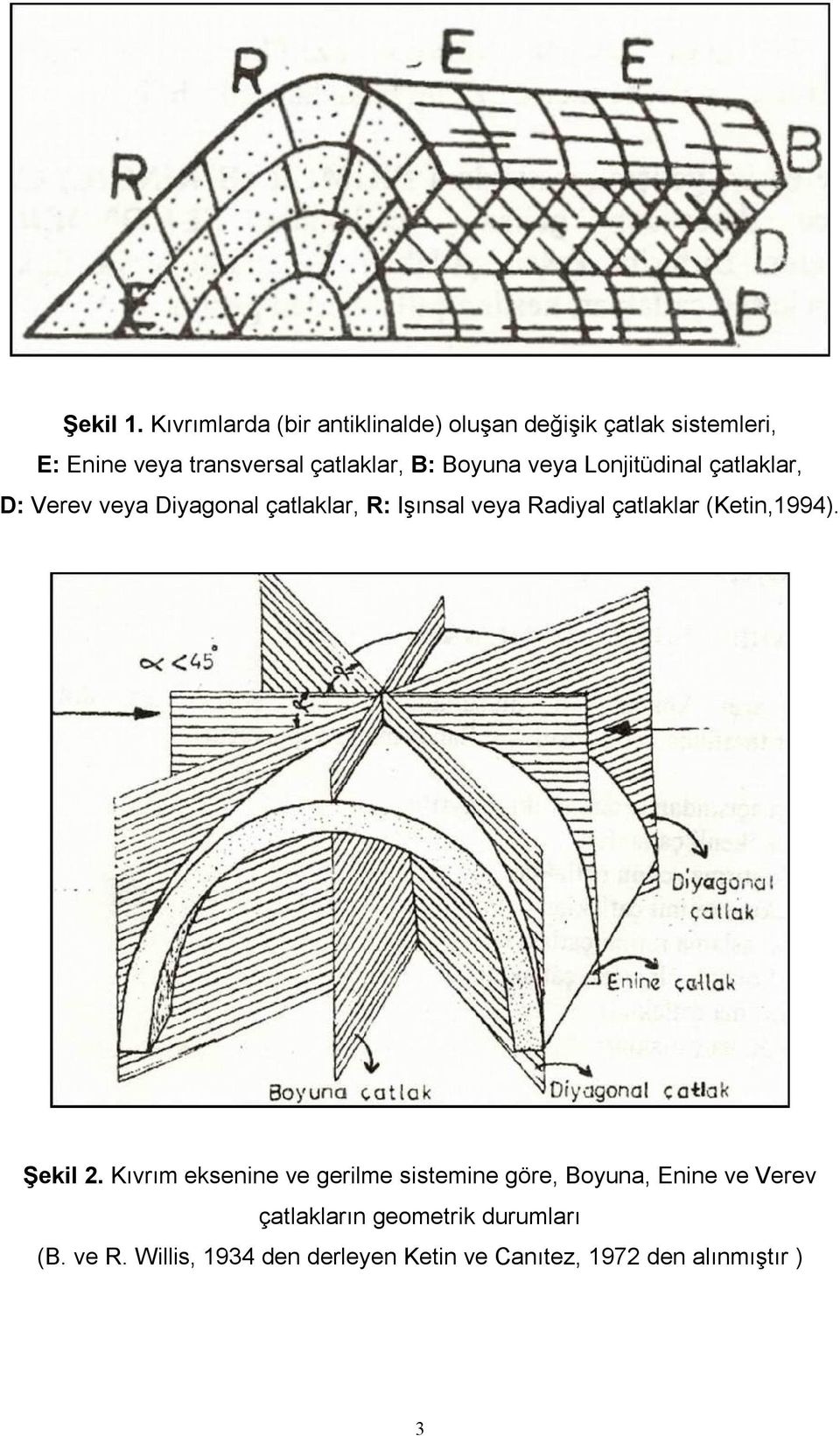 Boyuna veya Lonjitüdinal çatlaklar, D: Verev veya Diyagonal çatlaklar, R: Işınsal veya Radiyal çatlaklar