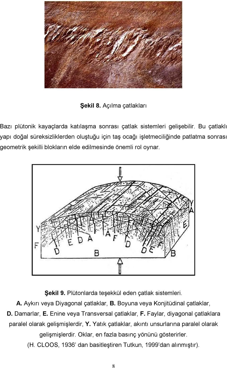 Plütonlarda teşekkül eden çatlak sistemleri. A. Aykırı veya Diyagonal çatlaklar, B. Boyuna veya Konjitüdinal çatlaklar, D. Damarlar, E.