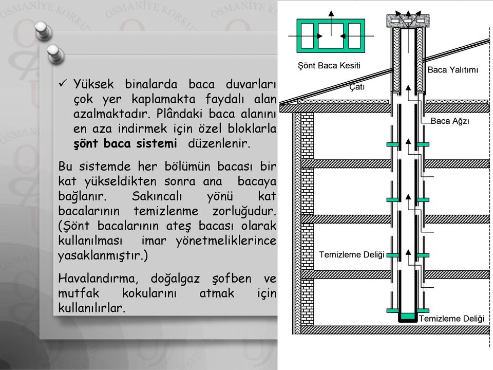 Bu sistemde her bölümün bacası bir kat yükseldikten sonra ana bacaya bağlanır. Sakıncalı yönü kat bacalarının temizlenme zorluğudur.