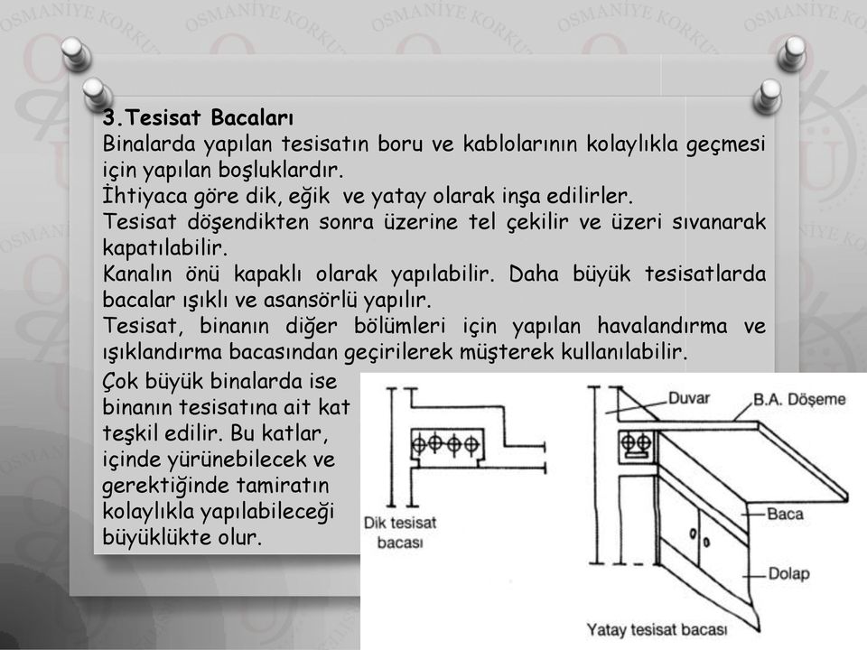 Kanalın önü kapaklı olarak yapılabilir. Daha büyük tesisatlarda bacalar ışıklı ve asansörlü yapılır.