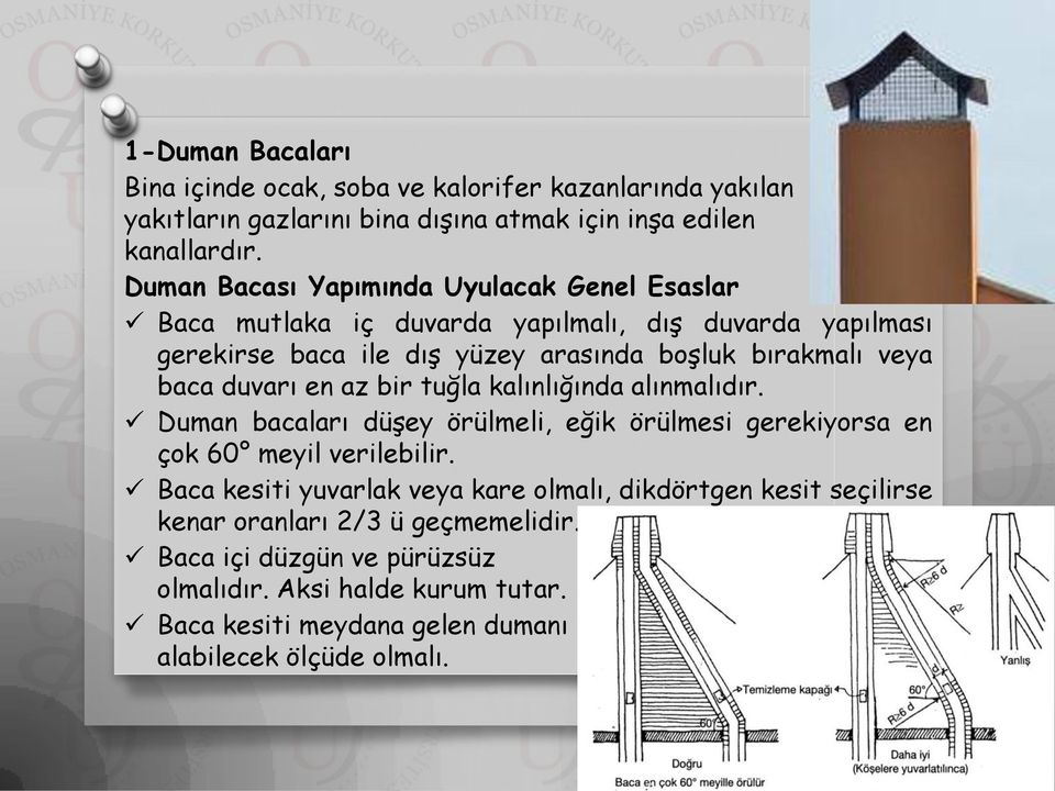 baca duvarı en az bir tuğla kalınlığında alınmalıdır. Duman bacaları düşey örülmeli, eğik örülmesi gerekiyorsa en çok 60 meyil verilebilir.