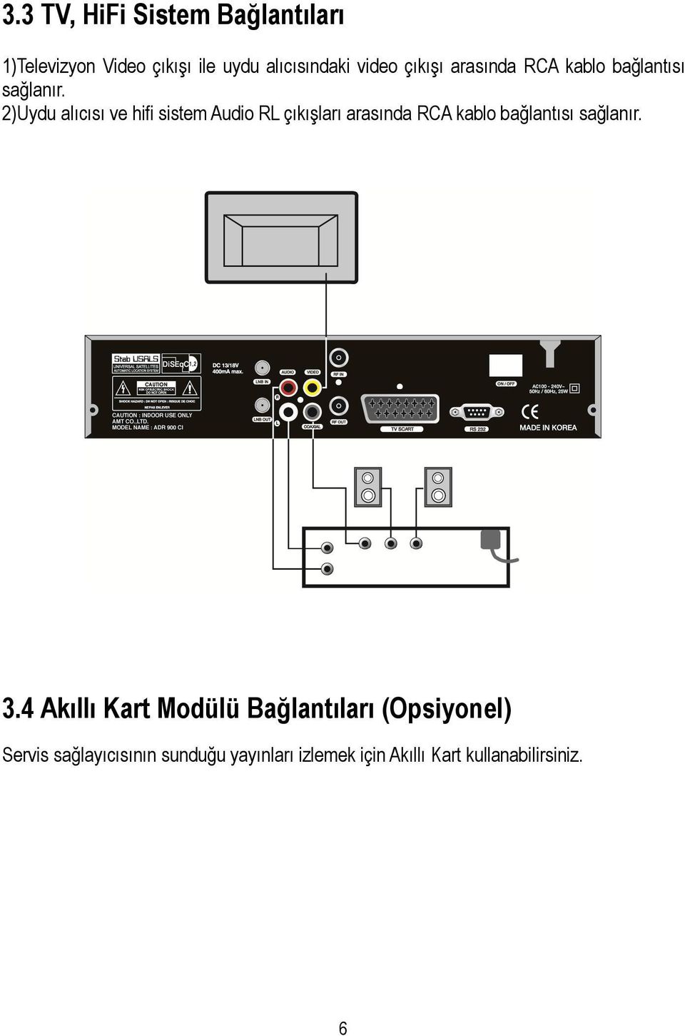 2)Uydu alıcısı ve hifi sistem Audio RL çıkışları arasında RCA kablo bağlantısı sağlanır.