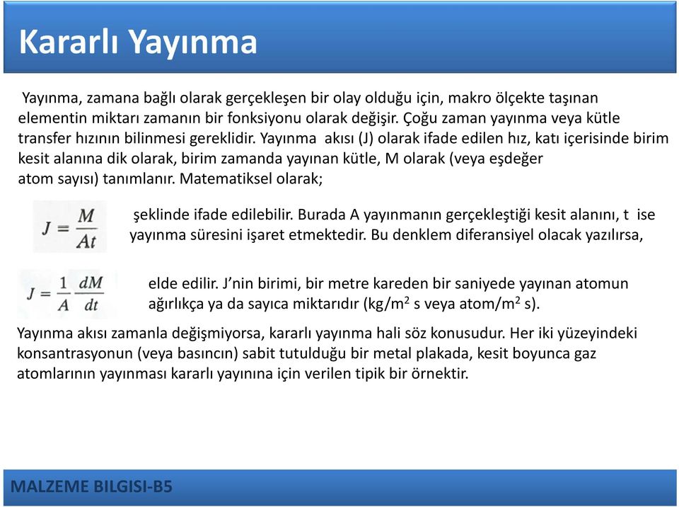 Yayınma akısı (J) olarak ifade edilen hız, katı içerisinde birim kesit alanına dik olarak, birim zamanda yayınan kütle, M olarak (veya eşdeğer atom sayısı) tanımlanır.