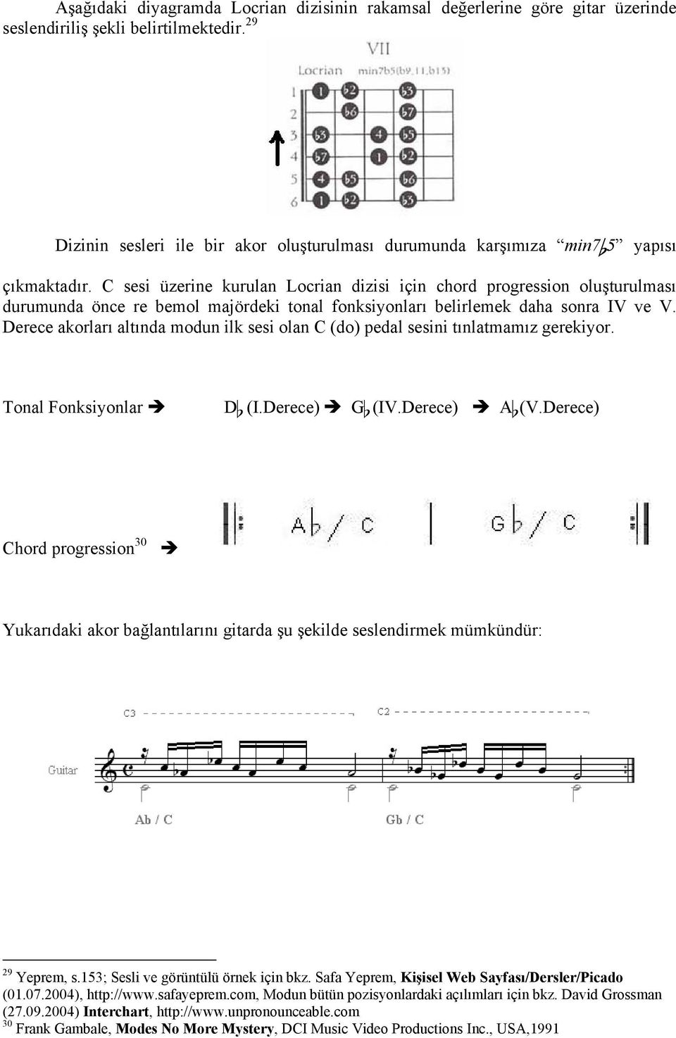C sesi üzerine kurulan Locrian dizisi için chord progression oluşturulması durumunda önce re bemol majördeki tonal fonksiyonları belirlemek daha sonra IV ve V.