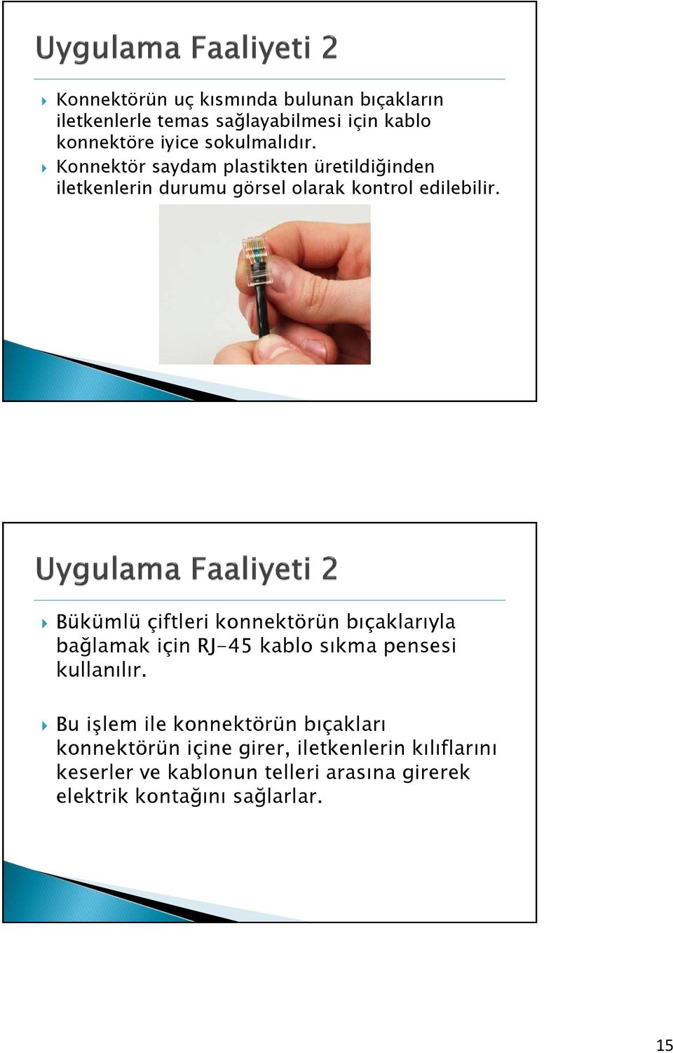 30/66 Bükümlü çiftleri konnektörün bıçaklarıyla bağlamak için RJ-45 kablo sıkma pensesi kullanılır.