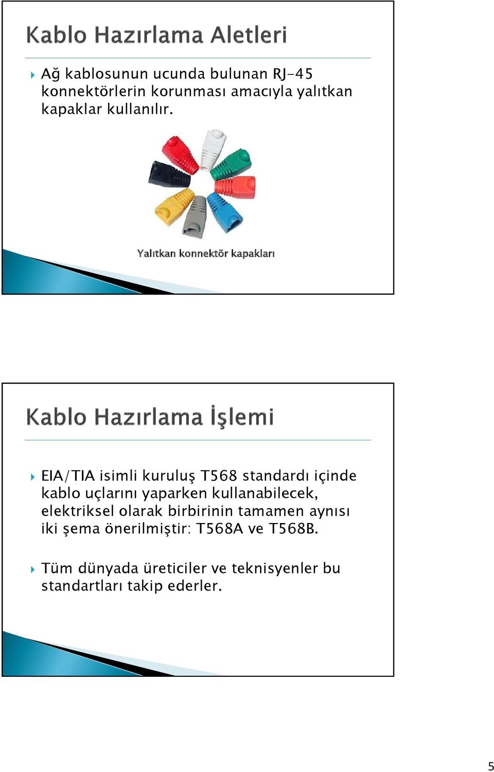 Yalıtkan konnektör kapakları 10/66 EIA/TIA isimli kuruluş T568 standardı içinde kablo uçlarını