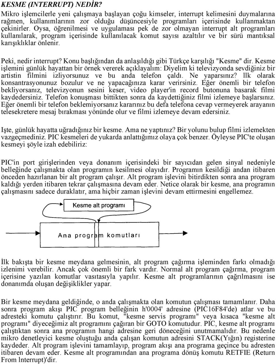 Oysa, öğrenilmesi ve uygulaması pek de zor olmayan interrupt alt programları kullanılarak, program içerisinde kullanılacak komut sayısı azaltılır ve bir sürü mantıksal karışıklıklar önlenir.