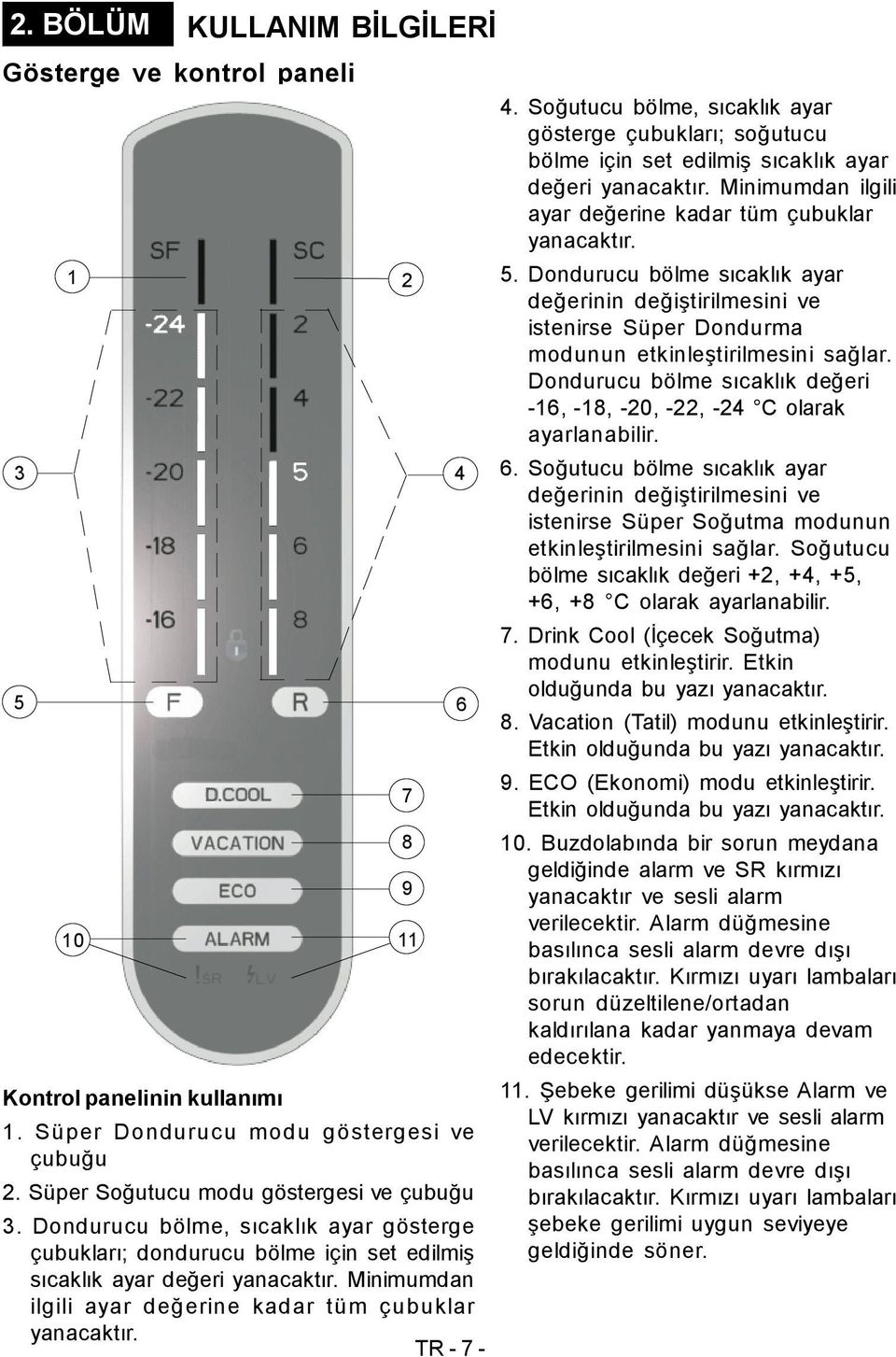 TR - 7-2 7 8 9 11 4 6 4. Soğutucu bölme, sıcaklık ayar gösterge çubukları; soğutucu bölme için set edilmiş sıcaklık ayar değeri yanacaktır.