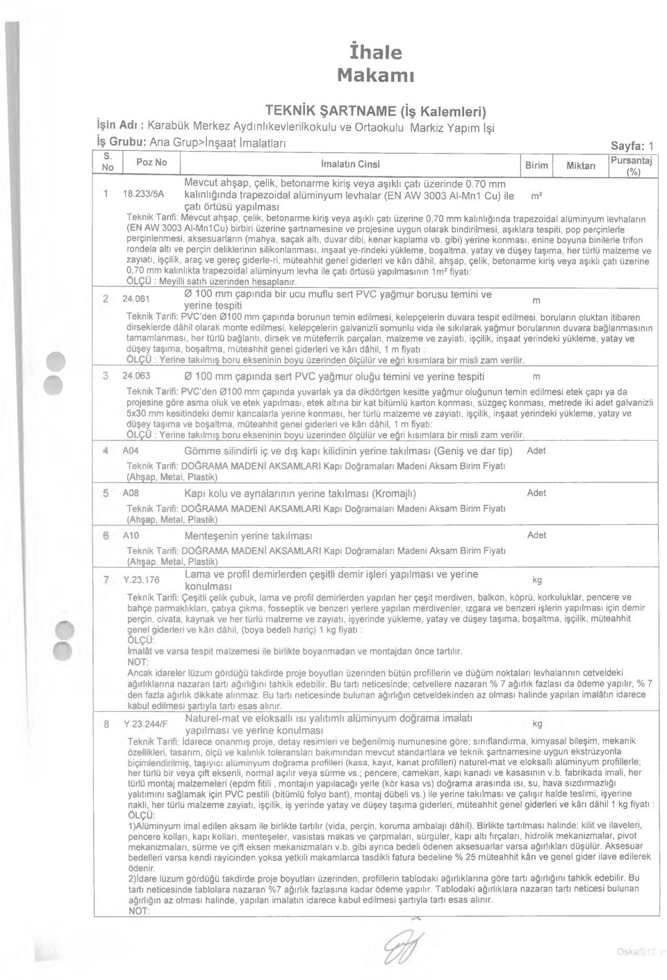 2335A kalınlığında trapezidal alüminyum levhalar (EN AW 3003 Al-Mn1 Cu) ile m2 çatı örtüsü yapılması Teknik Tarifi: Mevcut ahşap, çelik, betnarme kiriş veya aşıklı çatı üzerine 0,70 mm kalınlığında