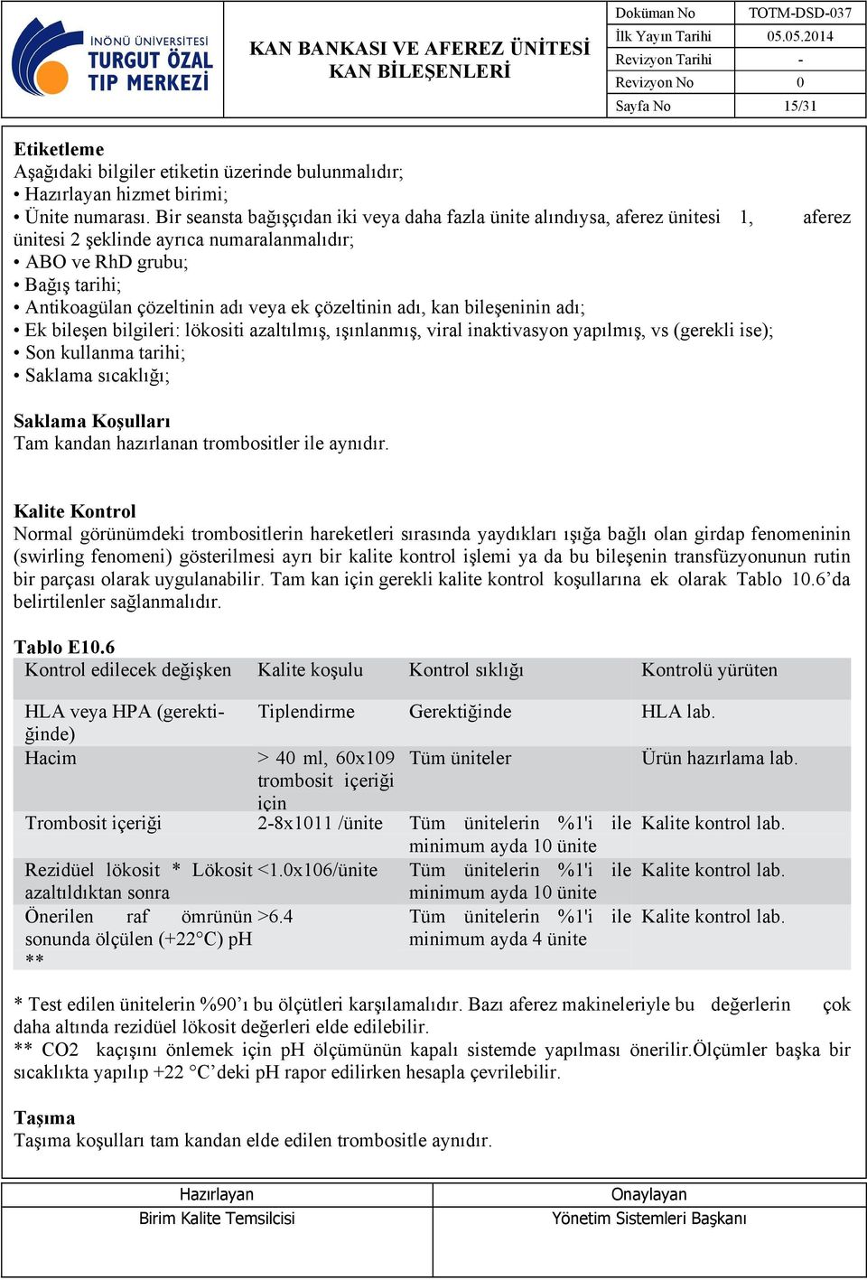 çözeltinin adı, kan bileşeninin adı; Ek bileşen bilgileri: lökositi azaltılmış, ışınlanmış, viral inaktivasyon yapılmış, vs (gerekli ise); Son kullanma tarihi; Saklama sıcaklığı; aferez Tam kandan