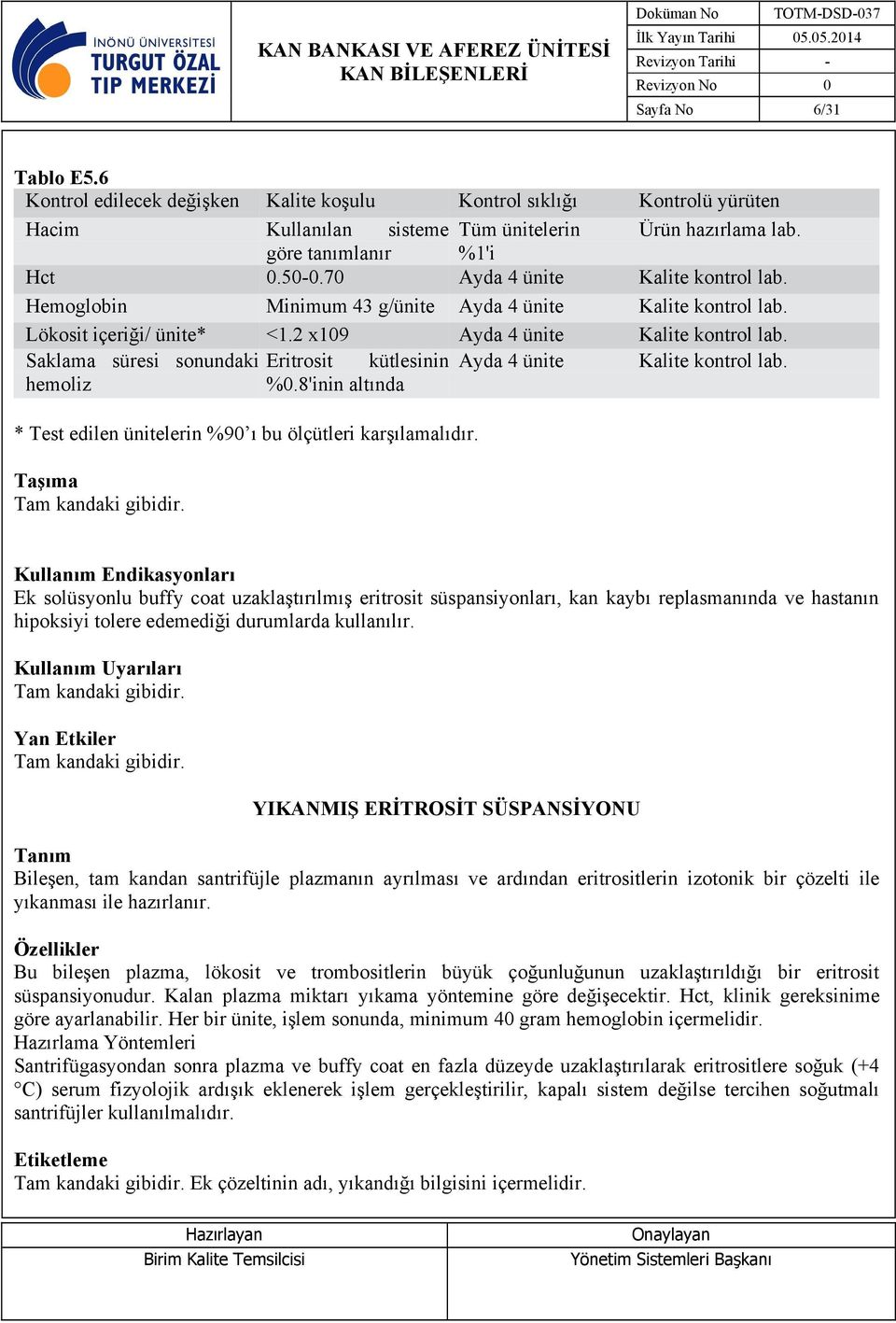 Saklama süresi sonundaki Eritrosit kütlesinin Ayda 4 ünite Kalite kontrol lab. hemoliz %0.8'inin altında * Test edilen ünitelerin %90 ı bu ölçütleri karşılamalıdır.