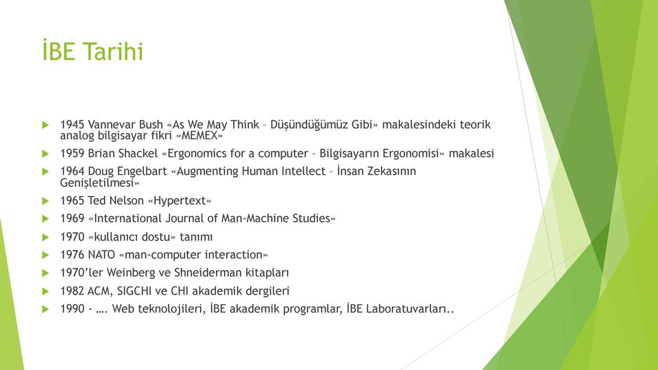 Ted Nelson «Hypertext» 1969 «International Journal of Man-Machine Studies» 1970 «kullanıcı dostu» tanımı 1976 NATO «man-computer interaction» 1970