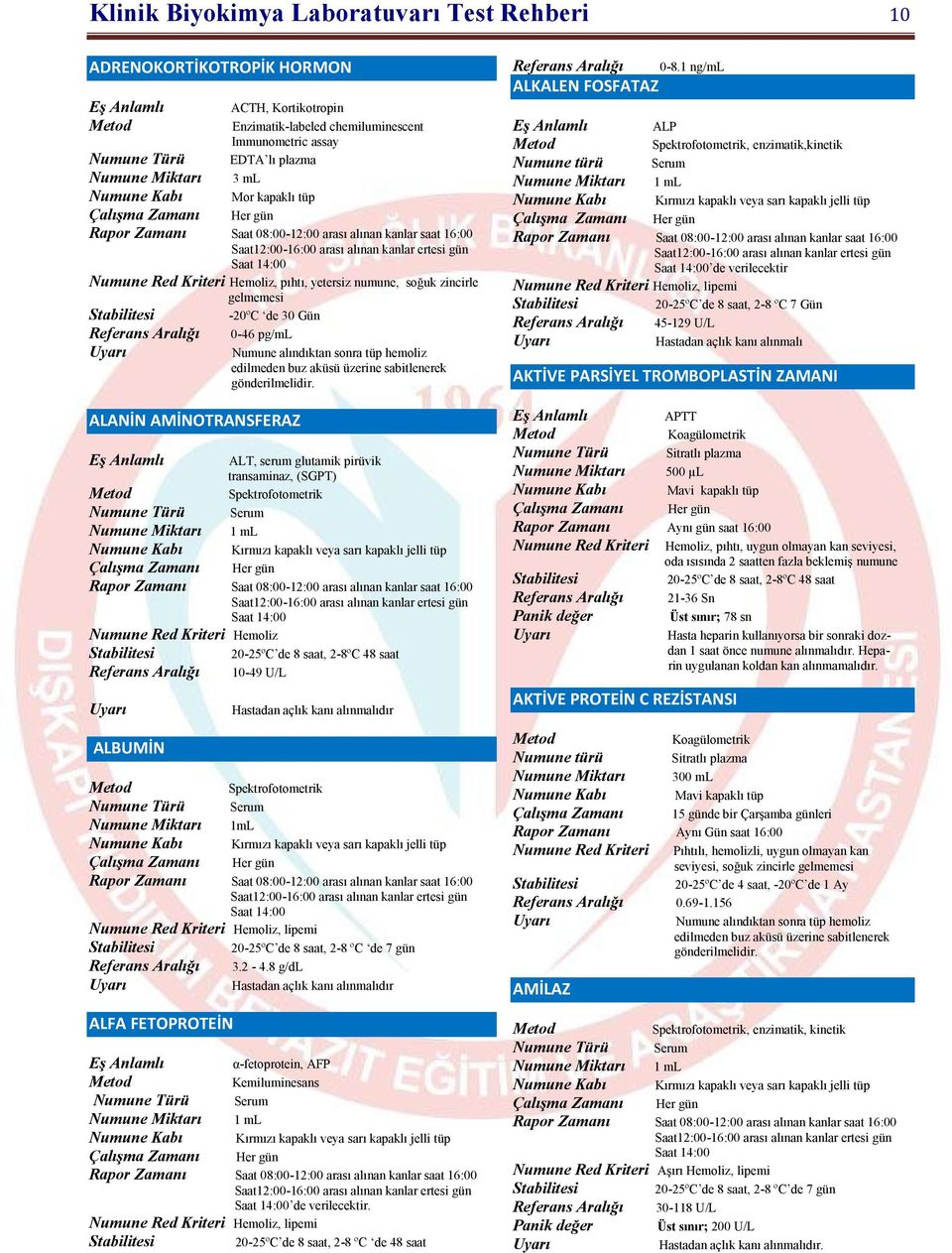 ALANİN AMİNOTRANSFERAZ ALT, serum glutamik pirüvik transaminaz, (SGPT) 20-25ºC de 8 saat, 2-8ºC 48 saat Referans Aralığı 10-49 U/L ALBUMİN Hastadan açlık kanı alınmalıdır 1mL, lipemi 20-25ºC de 8