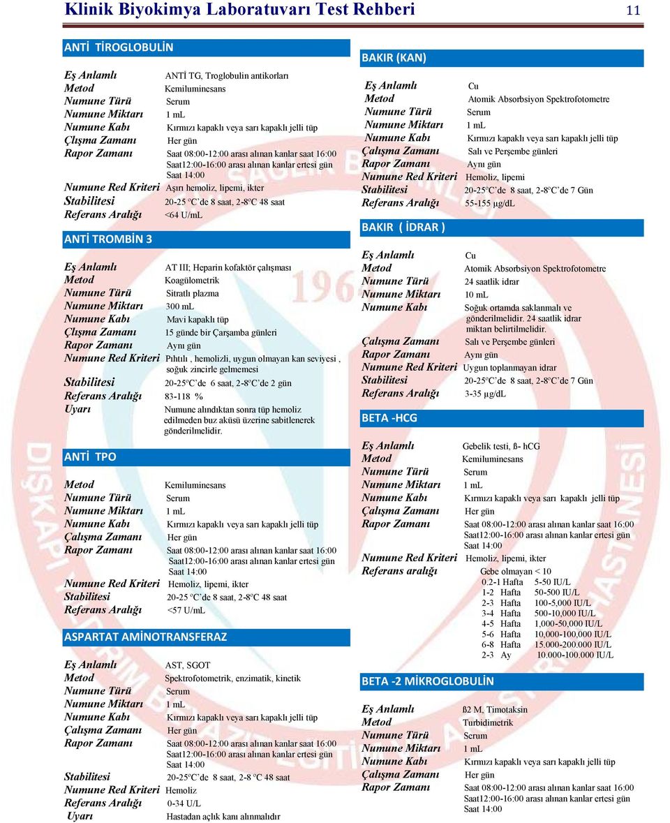 Zamanı Aynı gün Numune Red Kriteri Pıhtılı, hemolizli, uygun olmayan kan seviyesi, soğuk zincirle gelmemesi 20-25ºC de 6 saat, 2-8ºC de 2 gün Referans Aralığı 83-118 % Numune alındıktan sonra tüp