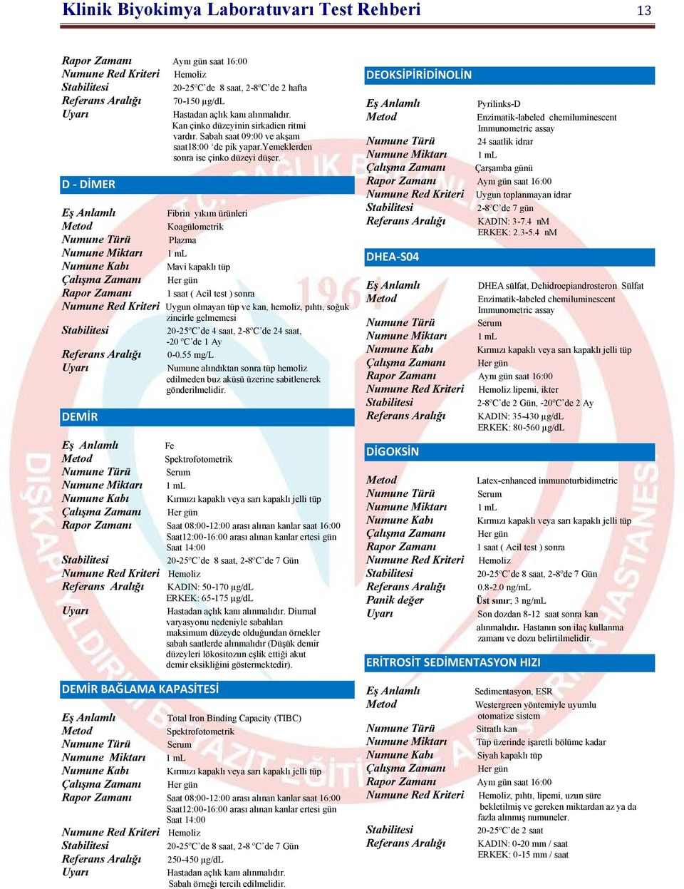 D - DİMER Fibrin yıkım ürünleri Koagülometrik Plazma Numune Kabı Mavi kapaklı tüp Rapor Zamanı 1 saat ( Acil test ) sonra Numune Red Kriteri Uygun olmayan tüp ve kan, hemoliz, pıhtı, soğuk zincirle