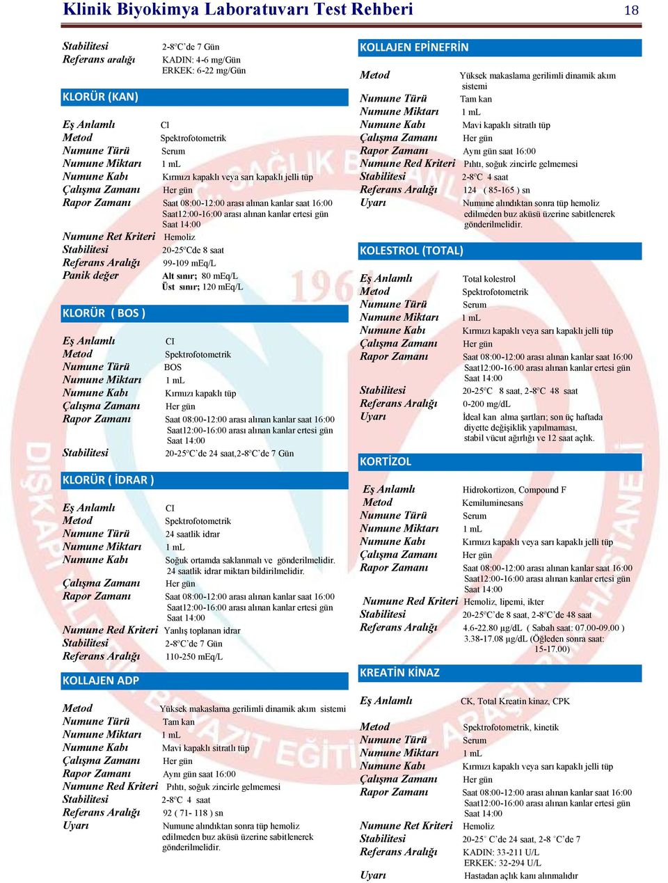 saklanmalı ve gönderilmelidir. 24 saatlik idrar miktarı bildirilmelidir.