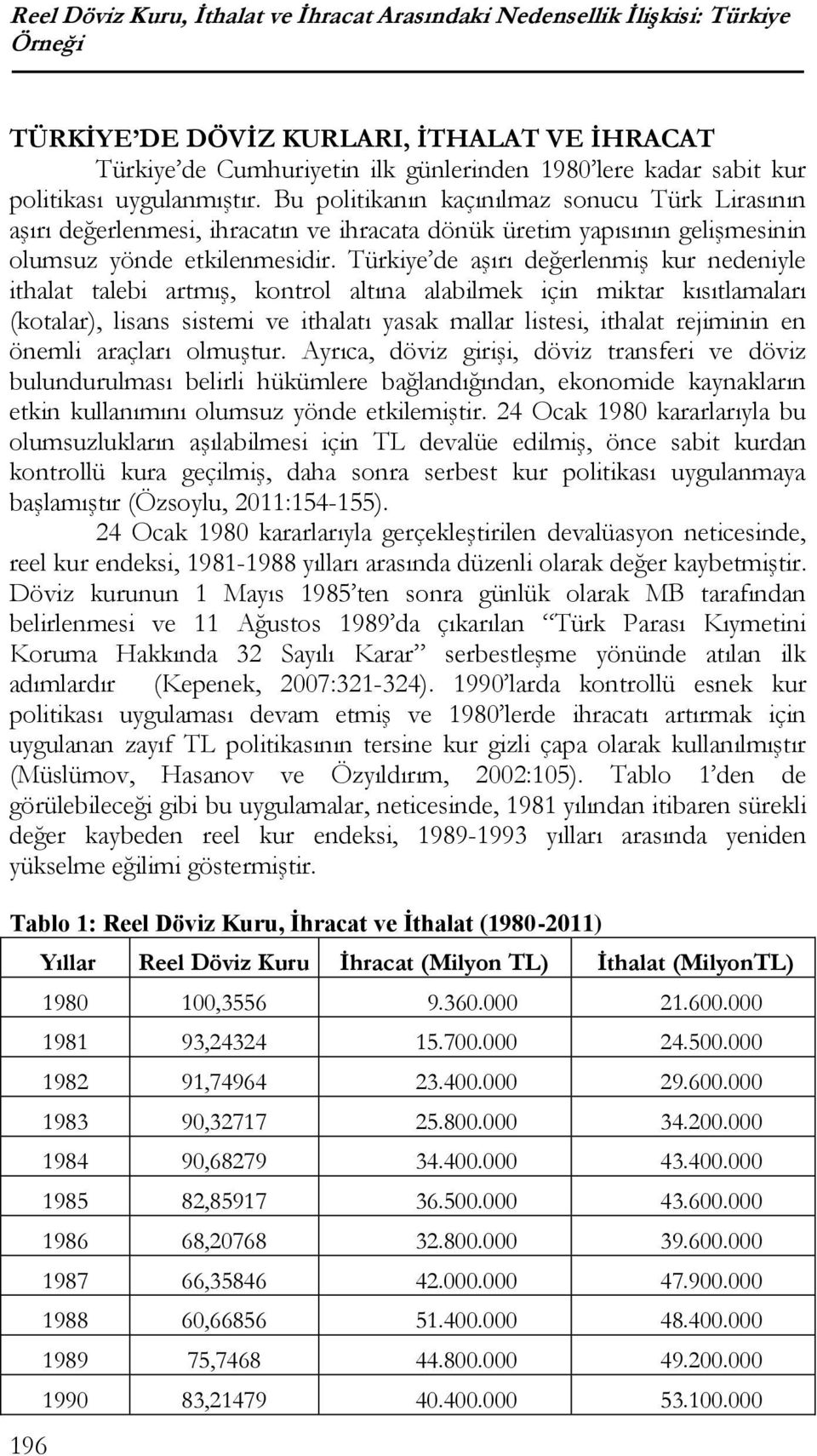 Türkiye de aşırı değerlenmiş kur nedeniyle ithalat talebi artmış, kontrol altına alabilmek için miktar kısıtlamaları (kotalar), lisans sistemi ve ithalatı yasak mallar listesi, ithalat rejiminin en