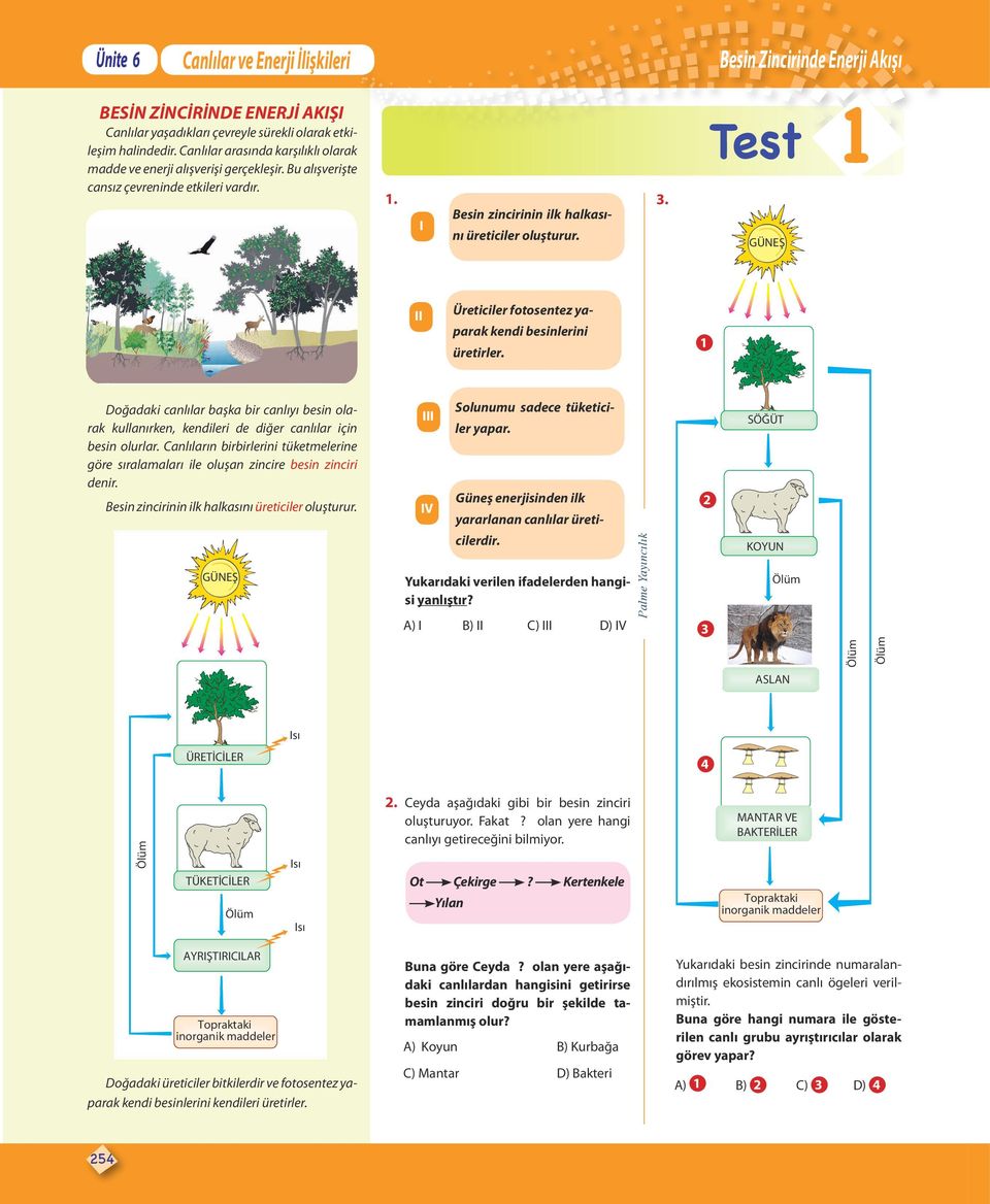 Test GÜNEŞ 1 II Üreticiler fotosentez yaparak kendi besinlerini üretirler. 1 Doğadaki canlılar başka bir canlıyı besin olarak kullanırken, kendileri de diğer canlılar için besin olurlar.