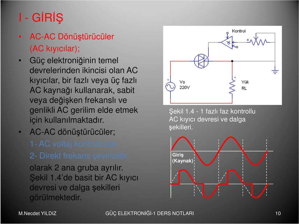 AC-AC dönüştürücüler; 1- AC voltaj kontrolcular, 2- Direkt frekans çeviriciler, olarak 2 ana gruba ayrılır. Şekil 1.