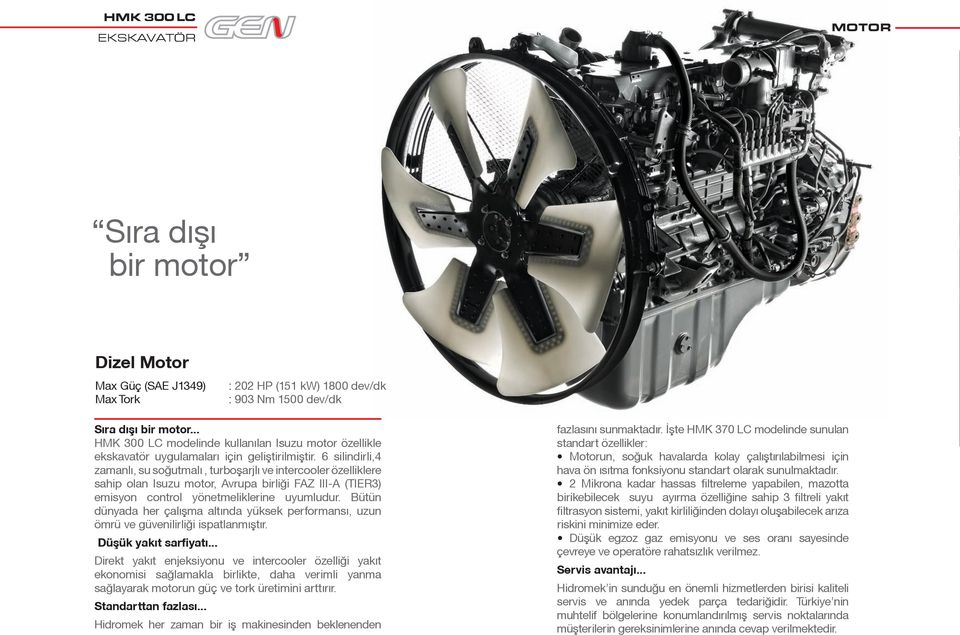 6 silindirli,4 zamanlı, su soğutmalı, turboºarjlı ve intercooler özelliklere sahip olan Isuzu motor, vrupa birliği FZ III- (TIER3) emisyon control yönetmeliklerine uyumludur.