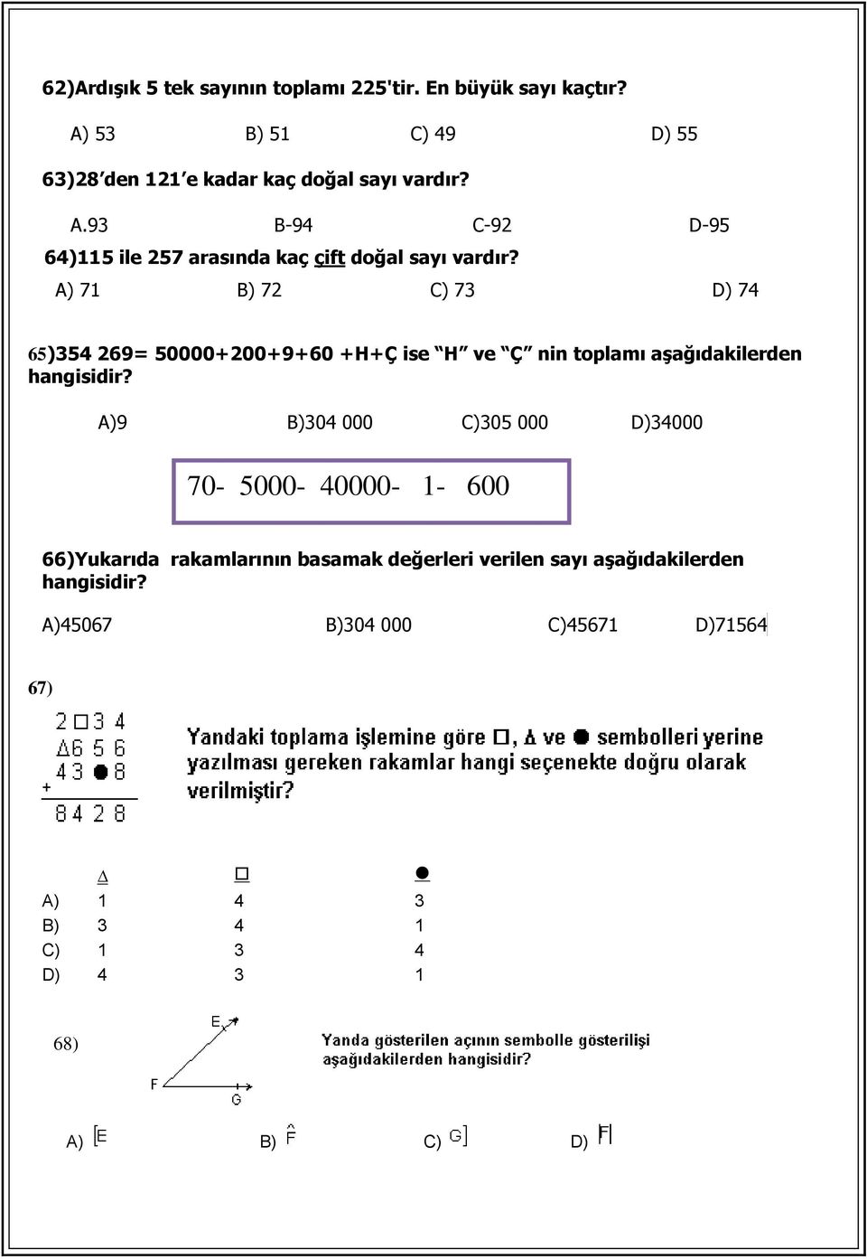 A)9 B)304 000 C)305 000 D)34000 70-5000- 40000-1- 600 66)Yukarıda rakamlarının basamak değerleri verilen sayı aşağıdakilerden