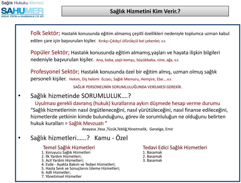 Ana, baba, yaşlı komşu, büyükbaba, nine, ağa, v.s Profesyonel Sektör; Hastalık konusunda özel bir eğitim almış, uzman olmuş sağlık personeli kişiler.