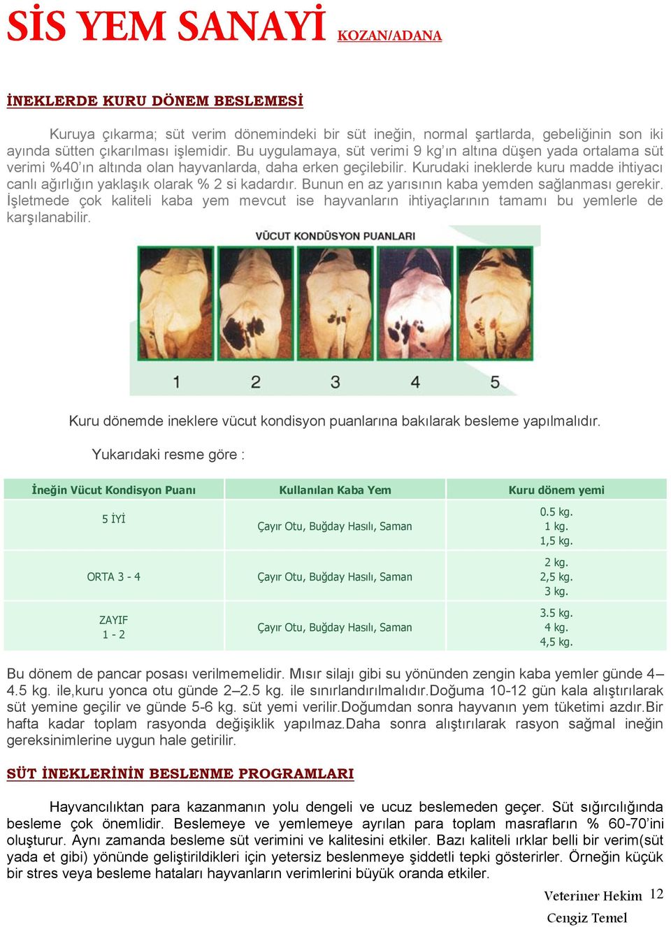 Kurudaki ineklerde kuru madde ihtiyacı canlı ağırlığın yaklaşık olarak % 2 si kadardır. Bunun en az yarısının kaba yemden sağlanması gerekir.