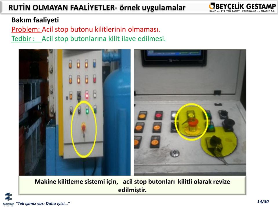 Tedbir : Acil stop butonlarına kilit ilave edilmesi.