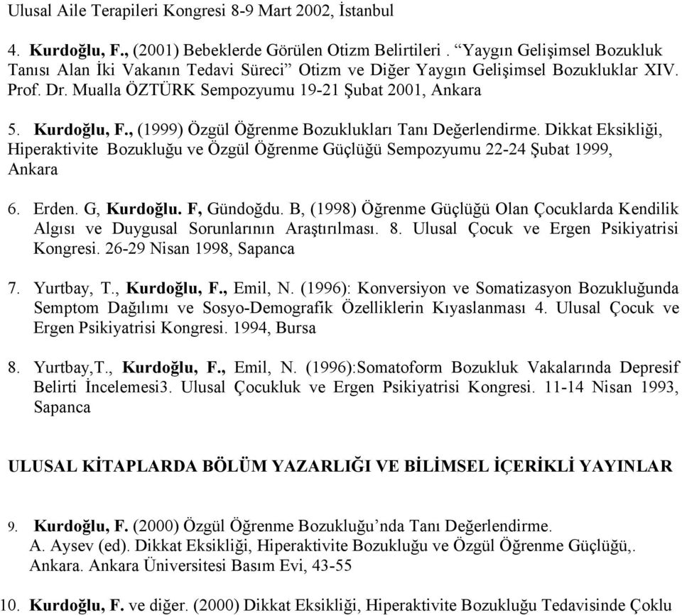 , (1999) Özgül Öğrenme Bozuklukları Tanı Değerlendirme. Dikkat Eksikliği, Hiperaktivite Bozukluğu ve Özgül Öğrenme Güçlüğü Sempozyumu 22-24 Şubat 1999, Ankara 6. Erden. G, Kurdoğlu. F, Gündoğdu.